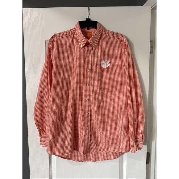 Antigua Other - Clemson Tigers Men's Size Large Orange Gingham Button-down Shirt Embroidered Paw